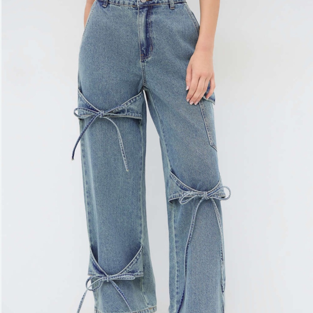 CIDER DENIM LOW RISE SOLID BOWKNOT POCKET WIDE LEG JEANS Size small
